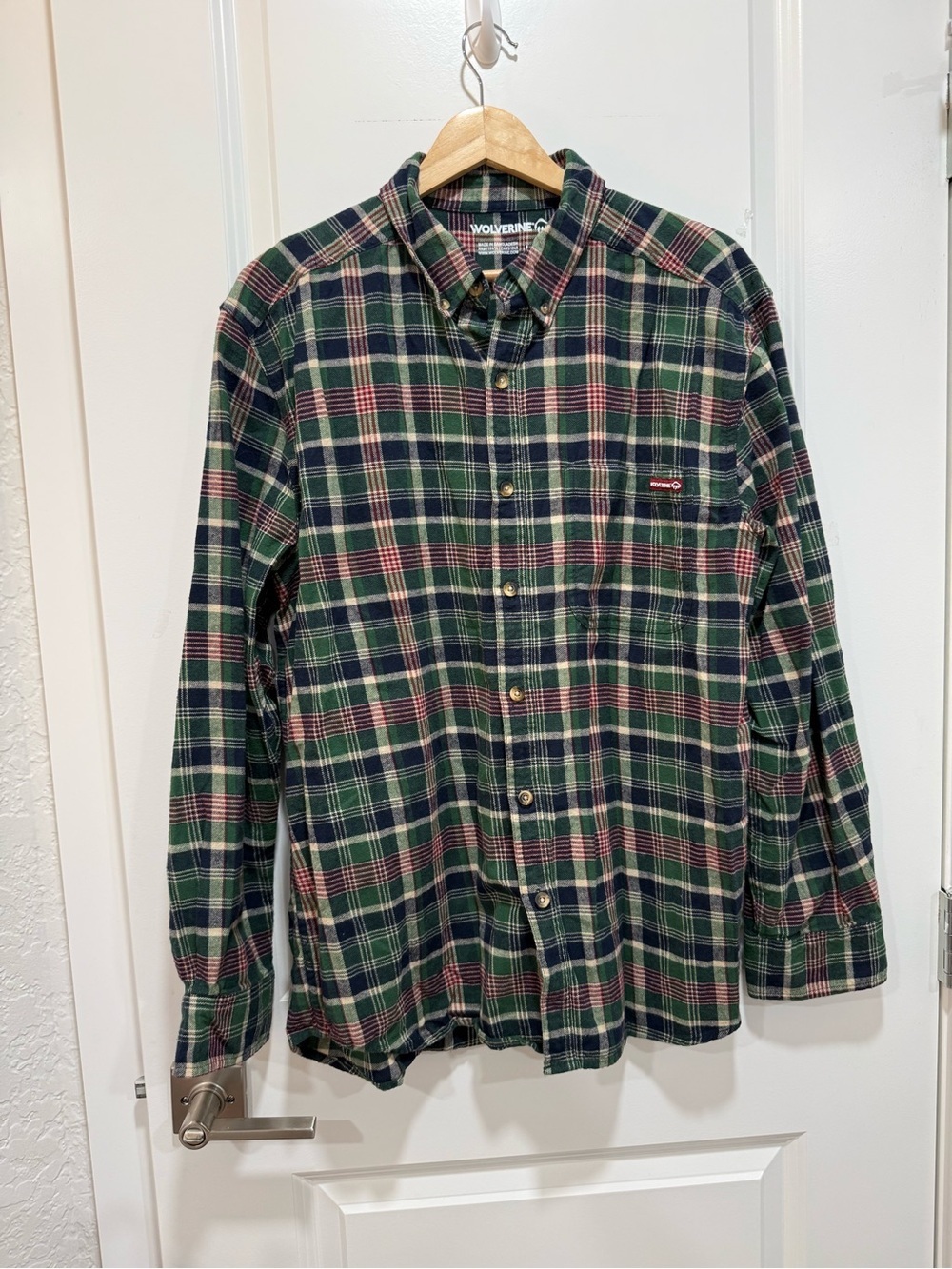 Wolverine Men's Hastings Long Sleeve Flannel Shirt - Green/Red Plaid - Size L